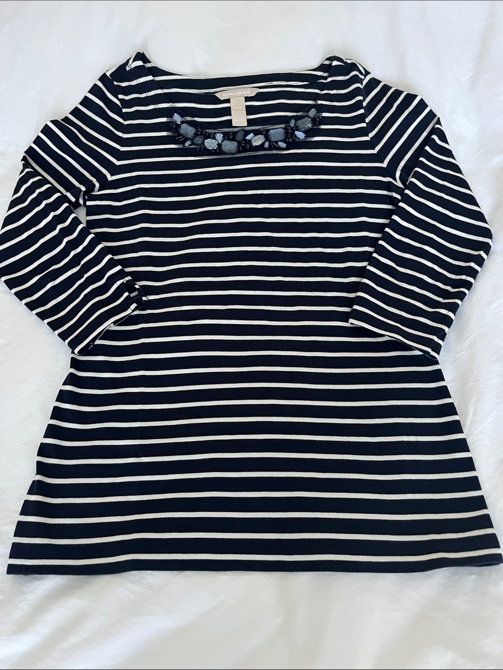 Banana Republic  Navy & White Boatneck Top Embellished Neckline 100% cotton XS